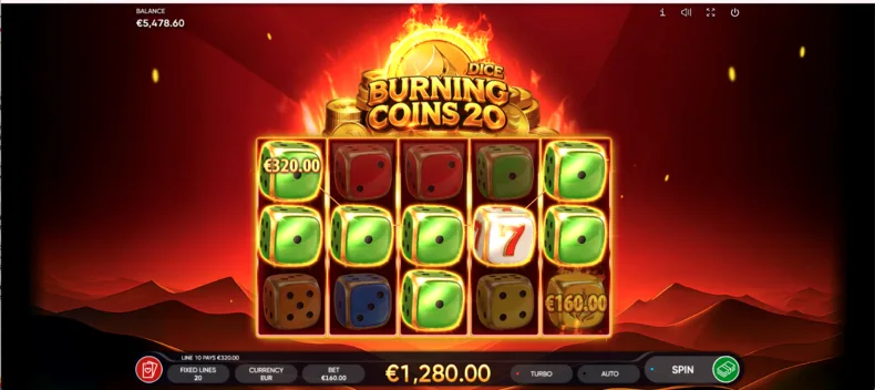 Burning Coins 20 Dice base game showing a winning combination and line win payout.