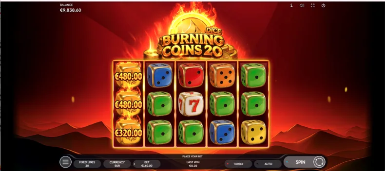Burning Coins 20 Dice base game showing Burning Dice symbols with prize values on the reels.