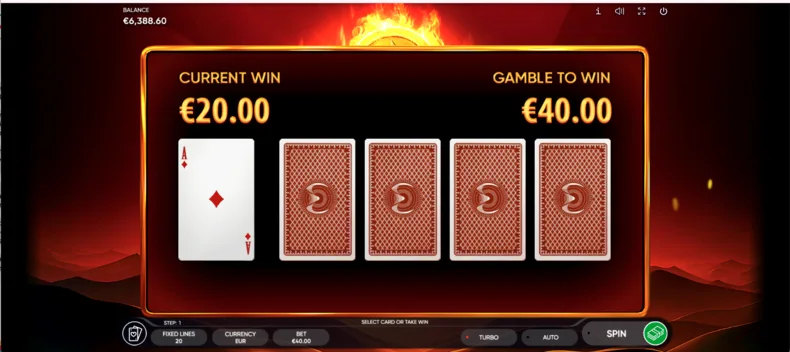 Burning Coins 20 Dice Risk Game showing the card gamble feature after a winning spin.