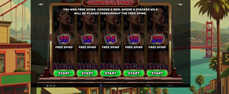 Westside Glory Free Spins selection screen showing five bonus options with different numbers of Free Spins and stacked Wild positions.