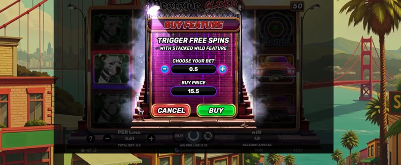 Westside Glory Buy Feature window allowing players to purchase direct access to the Free Spins feature.