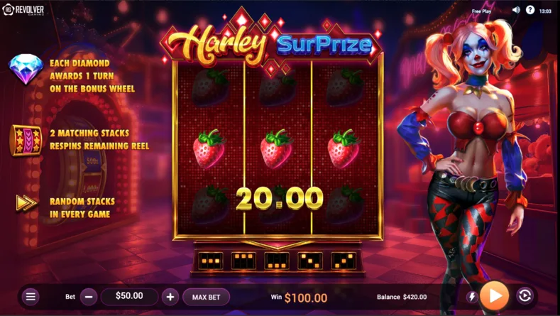 Harley SurPrize base game displaying random stacked strawberry symbols creating a winning combination.