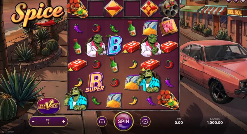 Spice slot gameplay showing the Feature Lane, Scatter symbols and special board modifiers