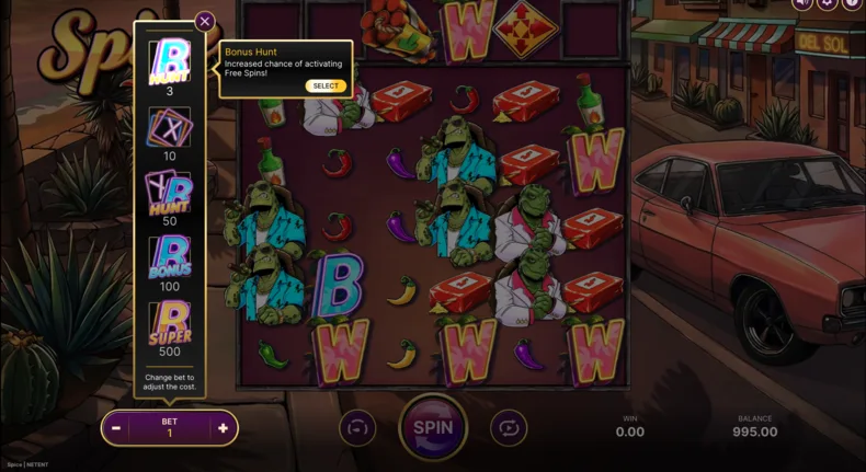 Spice slot Elevate menu showing Bonus Hunt, multiplier and Free Spins options