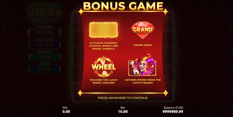 Triple Joker Catcher Bonus Game showing the Regular Joker collecting prizes from Catch Frames with Diamond, Wheel and Grand Jackpot symbols