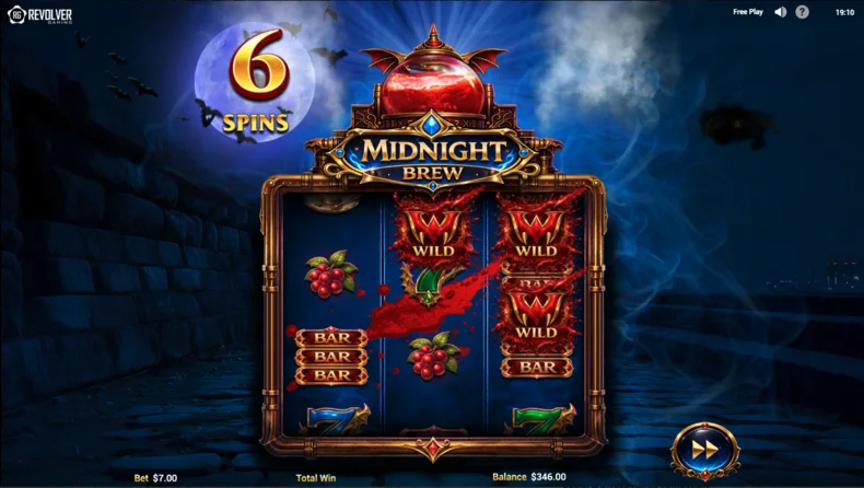 Midnight Brew Free Games in Draculatte 7s showing six free spins remaining and Random Wild symbols on the reels.