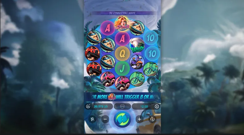 Base game in Tornado Rampage showing the 36-way layout with Wild and Scatter symbols.