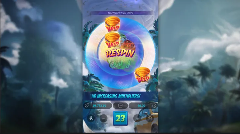 Golden Wild symbols triggering the Respin Feature in Tornado Rampage.