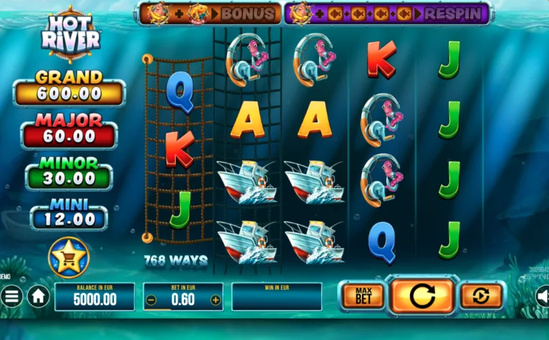 Hot River slot gameplay showing the Wild Fisherman, Respins feature, 768 ways to win and four jackpot tiers by SYNOT Games