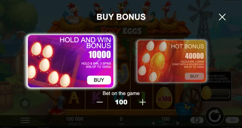 Foxy Eggs Bonus Buy menu offering the standard Hold and Win feature and the upgraded Hot Bonus