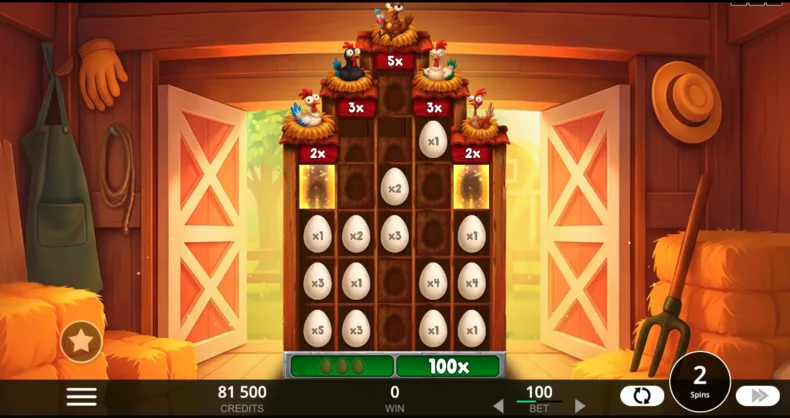 Foxy Eggs Hold and Win feature showing the expanded 4-5-6-5-4 grid, locked Egg symbols and reel multipliers