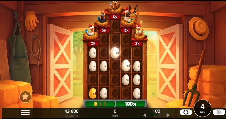 Foxy Eggs Hot Bonus showing a Golden Egg, four Respins and reel multipliers up to 5×