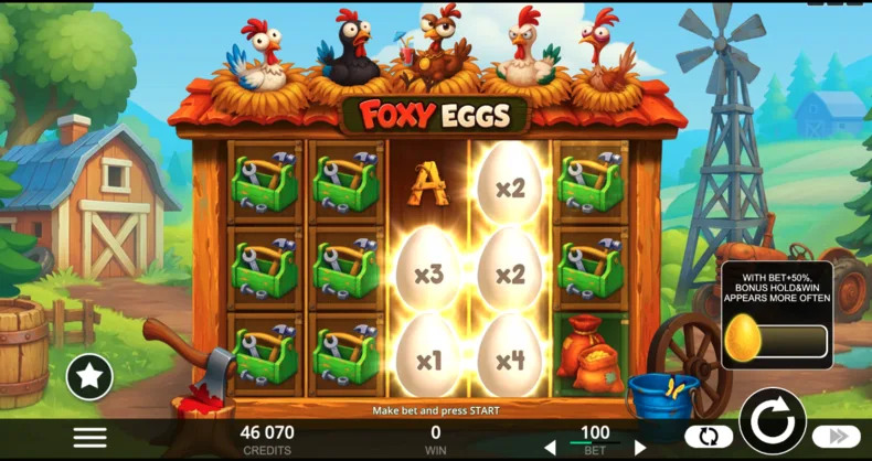 Foxy Eggs slot by Belatra Games showing multiplier Egg symbols on the 5×3 base-game grid