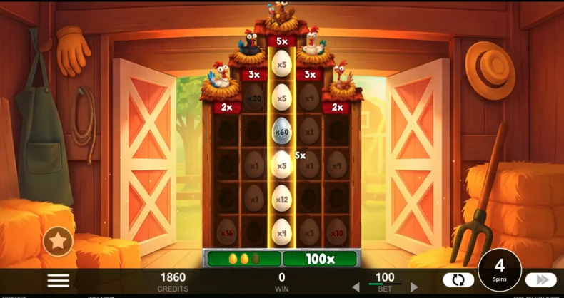 Full reel in Foxy Eggs Hold and Win feature before Golden Egg Fusion and reel multiplier is applied