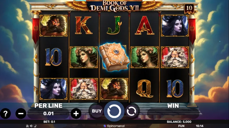 Base game screen in Book of Demi Gods VII showing the Book Scatter and mythological character symbols