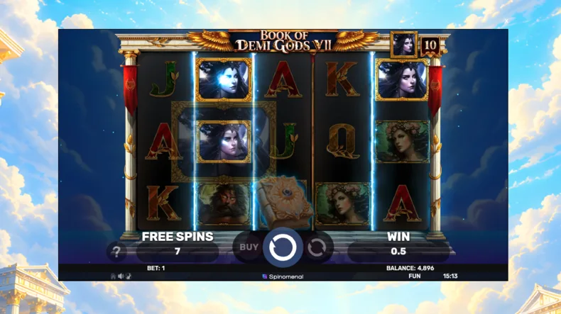 Free Spins feature in Book of Demi Gods VII with the selected Expanding Symbol expanding across the reels