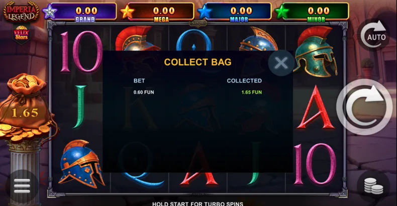 Imperia Legend Collect Bag showing accumulated Coin values for the selected bet
