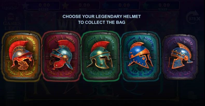 Imperia Legend Free Games screen with five selectable Helmet symbols