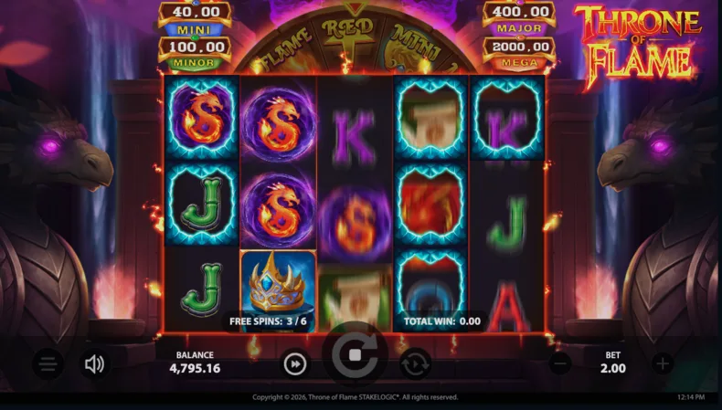 Dragon Hatch Free Spins begin in Throne of Flame as the first Orb symbols create Blue Frames on the reels.