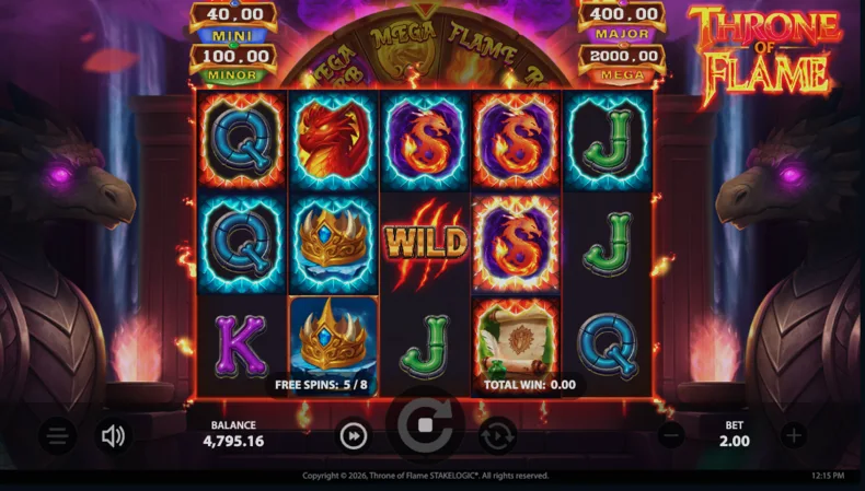 Frame progression in Throne of Flame showing Blue, Red and Gold Frames created as Orb symbols continue upgrading the reels during Dragon Hatch Free Spins.
