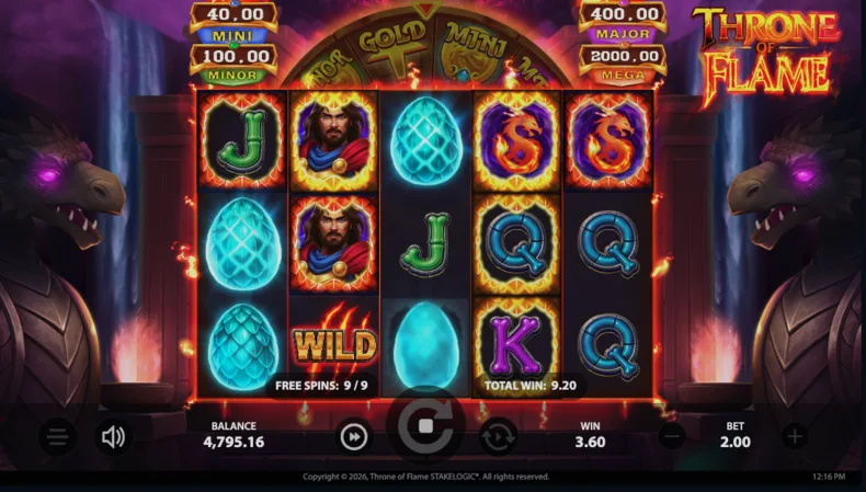 Dragon Blow Reveal in Throne of Flame where upgraded Frames transform into Dragon Eggs before revealing multipliers or jackpot prizes.