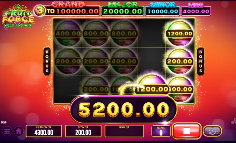 Hold and Win respins with sticky Bonus symbols in Fruit Force