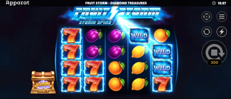 Fruit Storm Diamond Treasures Storm Spins feature with locked symbols and Wilds during respins
