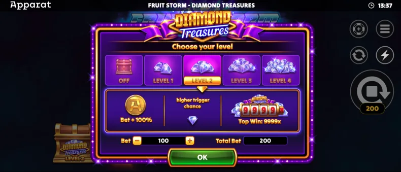 Fruit Storm Diamond Treasures choosing a Diamond Treasures level