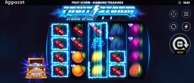 Fruit Storm Diamond Treasures gameplay showing Storm Spins and Diamond Treasures side bet