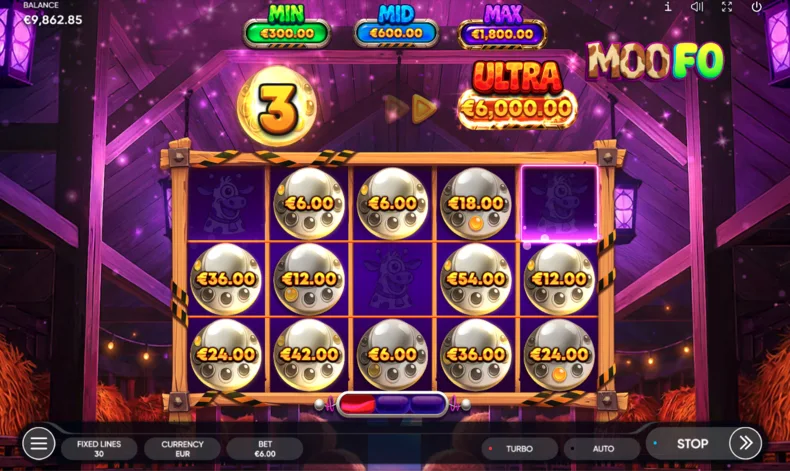 MooFo Hold and Win bonus featuring sticky prize symbols and jackpot awards