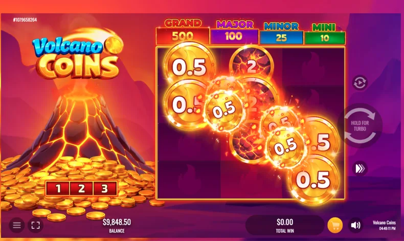 Volcano Coins Respins feature with locked Collect symbols and Bonus Coins