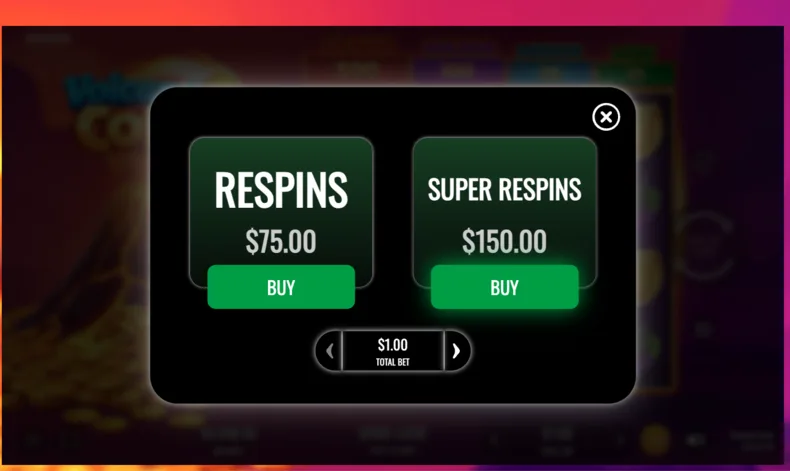 Volcano Coins Buy Bonus menu with Respins and Super Respins options