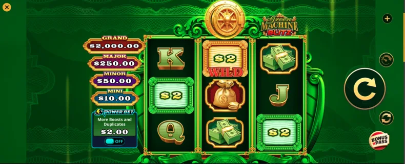 Green Machine Blitz base game showing the 3×3 reels, jackpot values, Power Bet option and Bonus symbols