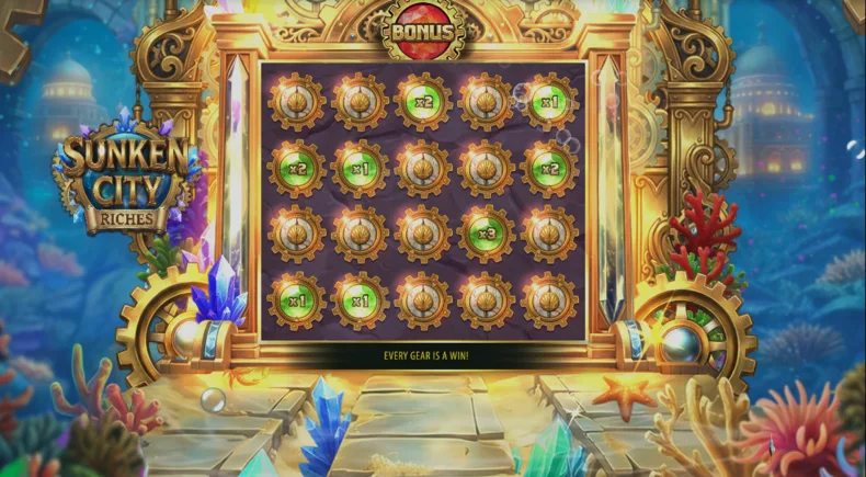 Mystery Pick Bonus board with collected multipliers in Sunken City Riches