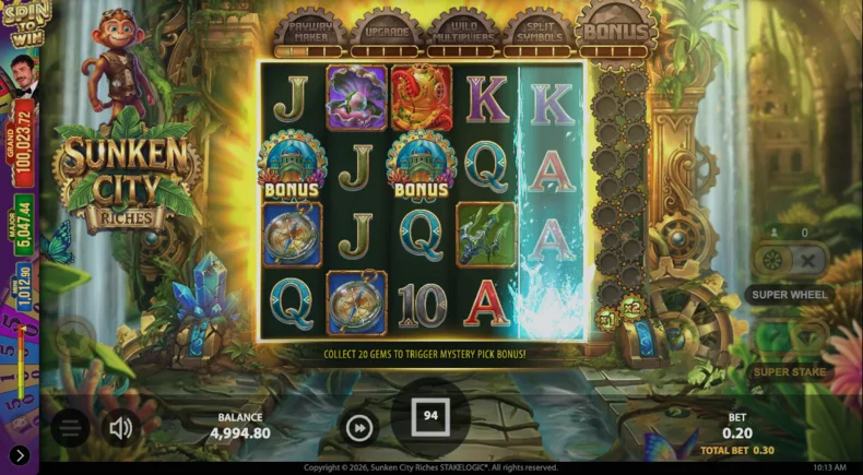 Sunken City Riches base game showing the Treasure Map Meter and Gem Meter progression systems
