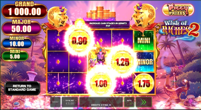 Super Genie boosting Coin values in Xtreme Bet in Piggy Prizes Wish of Riches 2
