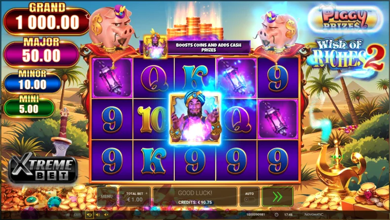 Standard gameplay with locked Jackpot symbols in Piggy Prizes Wish of Riches 2
