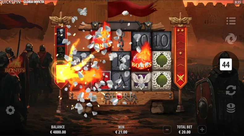 Gloria Invicta base game showing tumbling reels, Commander progression meters and Bonus symbols