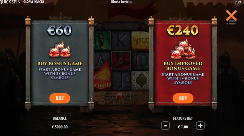 Bonus Buy menu in Gloria Invicta with 60× Bonus Game and 240× Super Bonus Game purchases