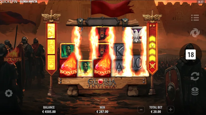 Super Bonus Game in Gloria Invicta showing persistent Power Up upgrades between Free Spins