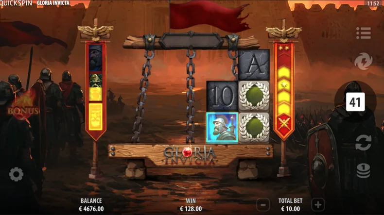 Commander progression meters and upgraded Commander symbols during a base game spin in Gloria Invicta