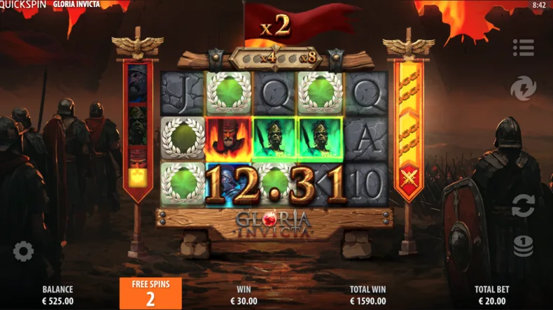 Power Up progression in Gloria Invicta showing upgraded Commander symbols and a nearly completed Power Up meter during Free Spins