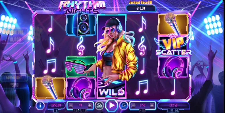 Rhythm Nights base game with Expanding Wild DJ and VIP Scatter symbols