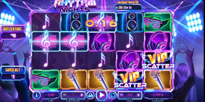 Rhythm Nights VIP Scatter symbols triggering the Free Games feature