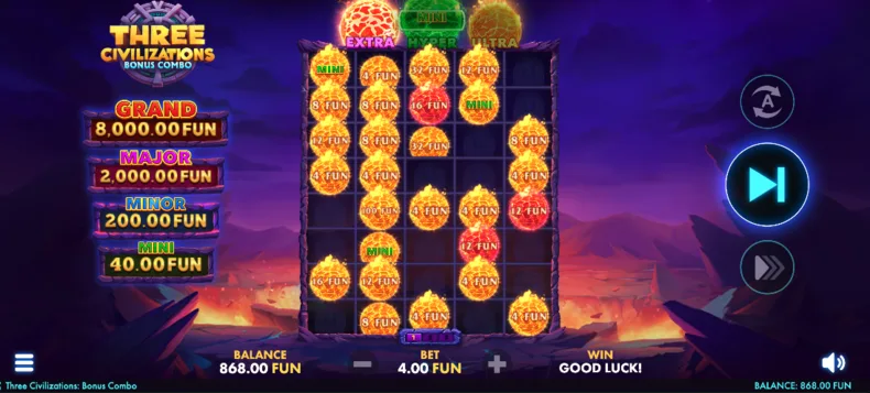 Three Civilizations Bonus Combo Rapid Link Bonus with an expanded Pay Scatter grid and jackpot values