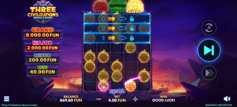 Three Civilizations Bonus Combo Rapid Link Bonus during respins with multiple Pay Scatter cash values