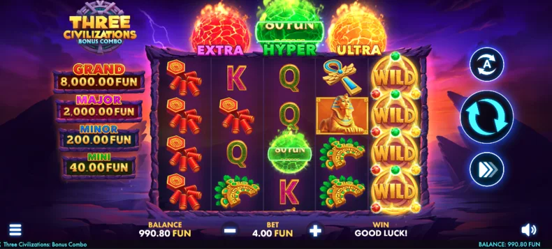 Three Civilizations Bonus Combo base game showing Extra, Hyper and Ultra Bonus Spheres above the reels