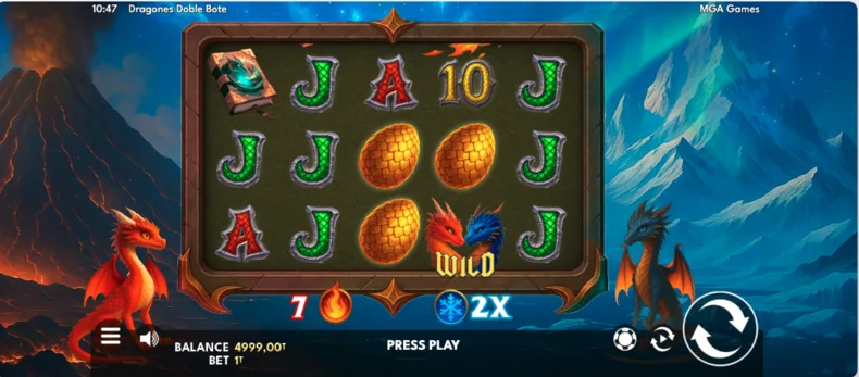 Main game in Dragones Doble Bote showing the Fire and Ice bonus counters below the reels