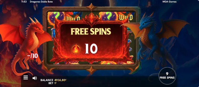 Free Spins awarded in Dragones Doble Bote after the Fire Counter activates the bonus feature