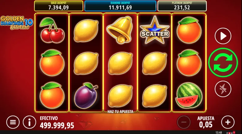 Golden Diamonds 10 Extreme base game featuring classic fruit symbols on 10 paylines